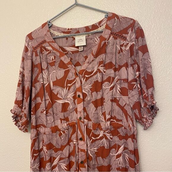 Knox Rose long maxi boho button front tassel tropical red short sleeve dress M - Picture 5 of 12